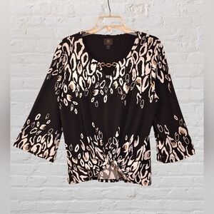 JM Collection black, tan & white teardrop swirl top, gold beads shirt Sz. PXL
